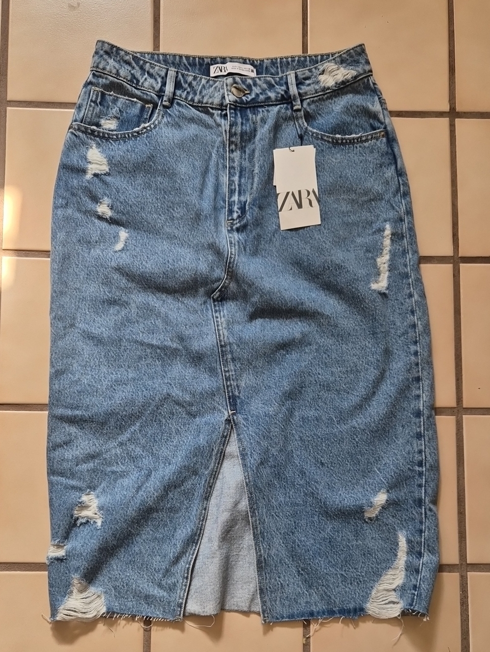 ZARA Light Blue Distressed Denim Midi Skirt with Front Slit